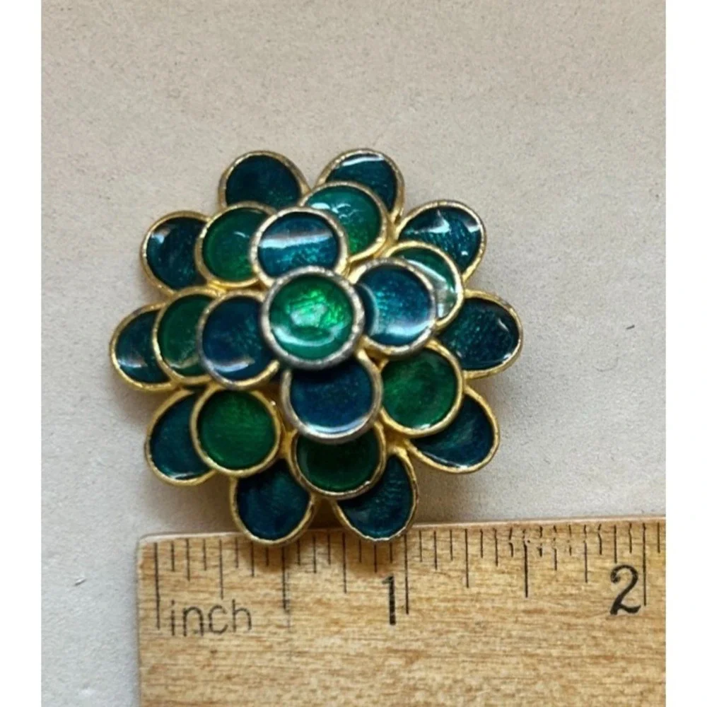Vintage Green Enamel Flower Brooch Pin Layered Floral Gold Tone Mid Century Deco